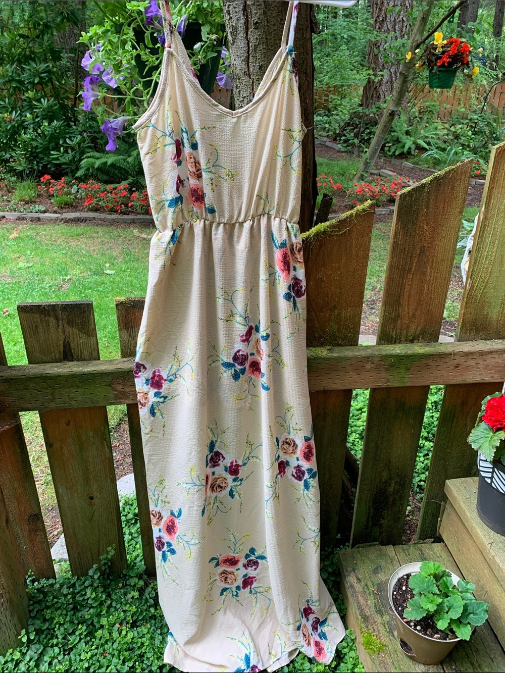 Floral Tan Maxi Dress with Spaghetti Straps and Open In Front w/Shorts - Picture 4 of 4